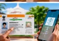 Aadhaar mobile number update on smartphone with Aadhaar card icon
